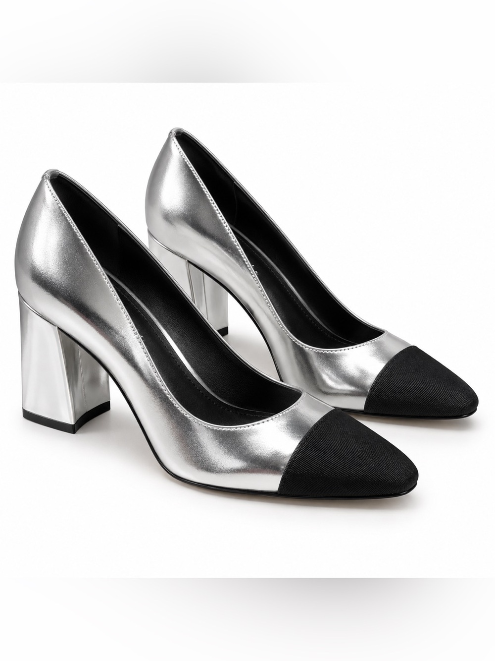 Marc Fisher miVernie Silver Metallic Black Cap Toe Block Heel Pumps Size 7